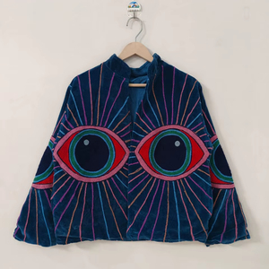 Chaqueta Suzani de Terciopelo con Bordado de Ojo, Abrigo Bohemio Hecho a Mano, Chaqueta Suzani de Terciopelo Hecha a Mano con Motivo de Ojo - Product Image 1