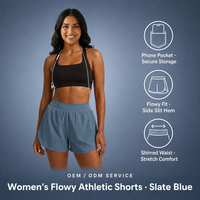 Shorts athlétiques fluides bleu ardoise pour femmes, taille froncée, extensibles, confortables, rangement sécurisé, studio de conception de modèles OEM ODM