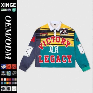 Polo de Manga Larga a Rayas para Hombre, Estilo Deportivo Urbano, con Estampados Digitales Personalizados. Sudadera Polo Oversize Casual con Hombros Caídos - Product Image 1