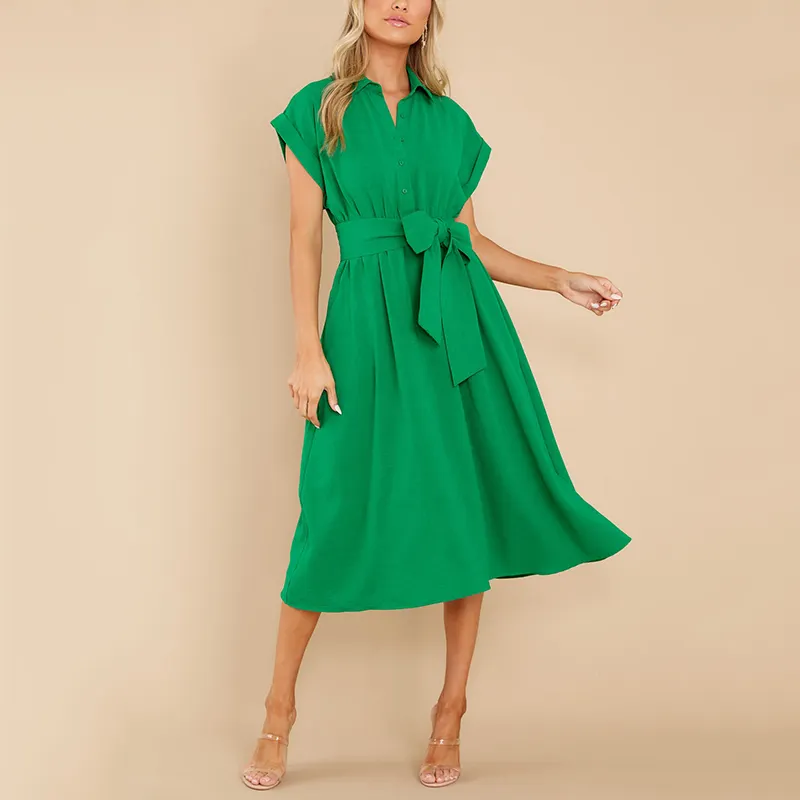Oem מותאם אישית שמלת חולצות ללא שרוולים עם מתכוונן עניבת כפתורים פונקציונליים קלאסי ירוק Midi שמלות