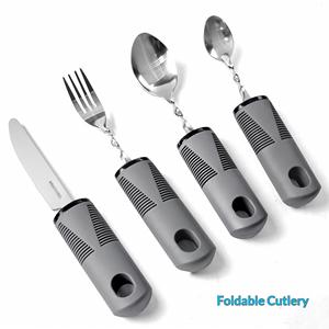 Ensemble d'assistance à la prise de repas pour personnes âgées, en acier inoxydable poli miroir, avec poignée en caoutchouc et plastique, anti-tremblement, pliable et adaptable, avec support courbé - Product Image 3