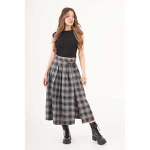 Wholesale Gray Plaid <b>Long</b> <b>Skirt</b> Empire Waist Belt Detail Side Slits <b>Pleat</b> Decorations-Genuine Leather Chiffon Fabric Plain Style - Product Image 3
