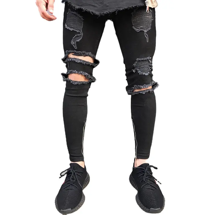 Custom Destroyed Stretchy Ripped Repaired Jeans Pants Men's Biker Spray Skinny Striped Patches Denim Trousers With Zip Ankle