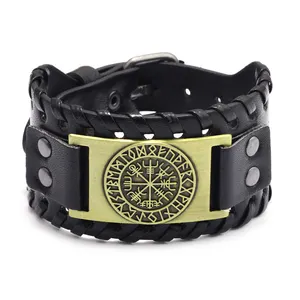 Hot Sale Nordic Jewelry Echtes Leder Metall Breites Symbol Geprägtes Kompass Wikinger Armband für Männer