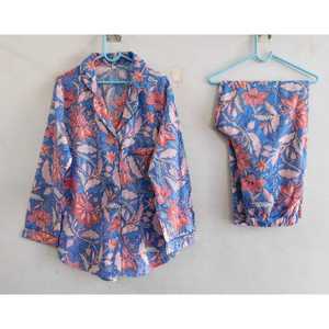 Ladies Floral Print Cotton Pajama Set Two Piece Long Sleeve Woven Top and Full Length <b>Pants</b> Comfortable Summer Nightwear - Product Image 2