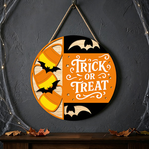 Letrero Redondo de Madera en Capas para Puerta de Halloween, Decoración para el Hogar con Diseño de Truco o Trato, Caramelo, Maíz y Murciélago, para Colgar en la Puerta Principal o Pared - Product Image 2