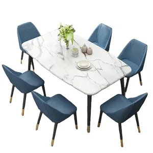 Biru Mewah Kulit Kursi Makan Restoran Furniture Meja Makan Set Kursi Meja Marmer dengan Kursi Bahasa Italia Ruang Makan