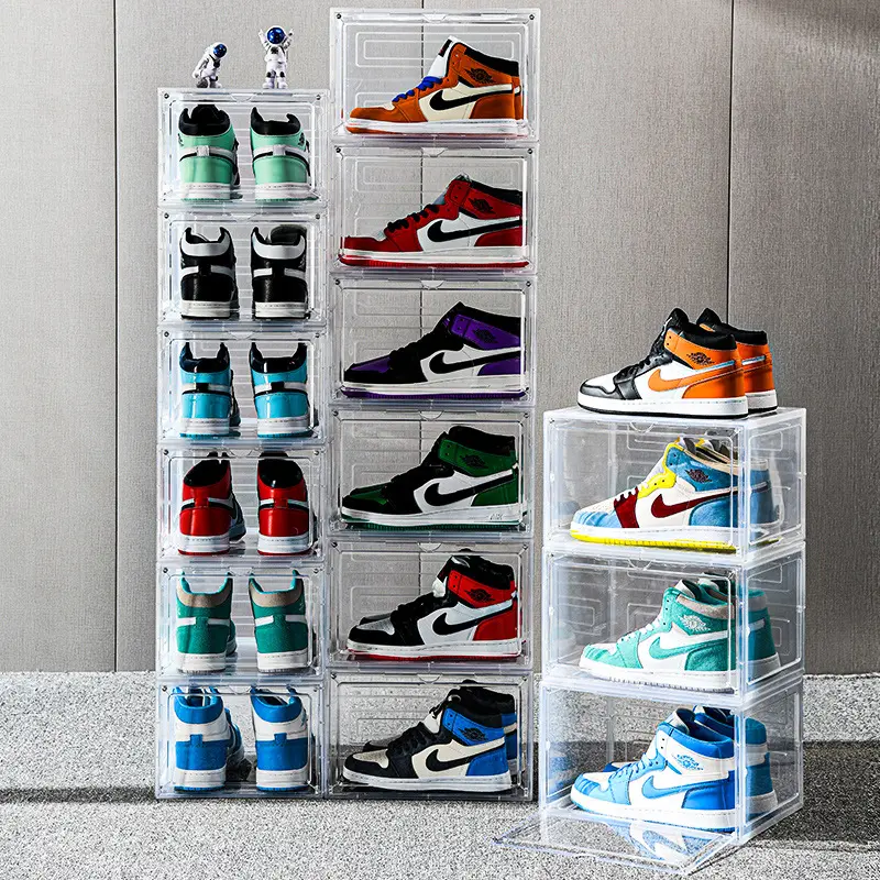 Sneaker Organizer Container Drop Front Shoe Box with Magnetic Door Clear Plastic Foldable Stackable Storage Box for Closet