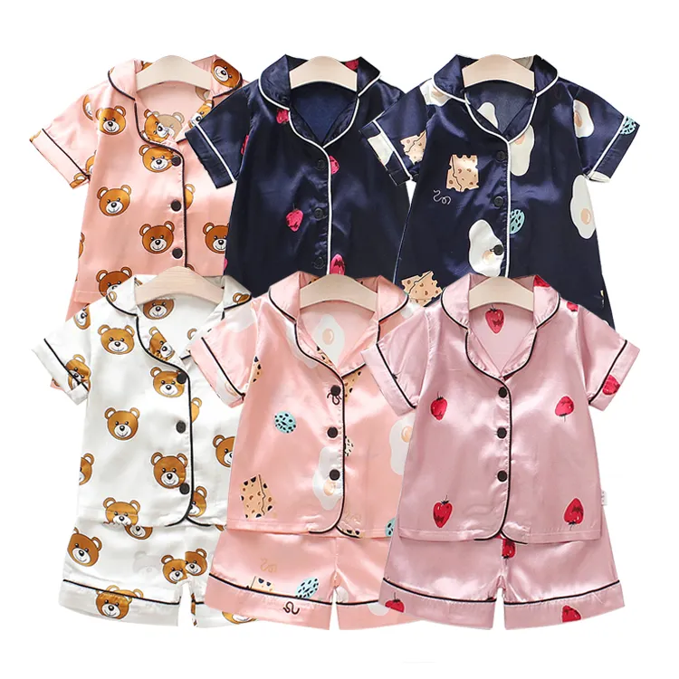 Roze Aardbei Print Zomer Nachtkleding Set Meisjes Pyjama Satijn Kids Pyjama