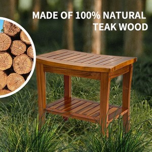 Tabouret de salle de bain en teck Kaijiang avec étagère de rangement, siège de douche pliable imperméable, utilisation intérieure et extérieure - Product Image 4