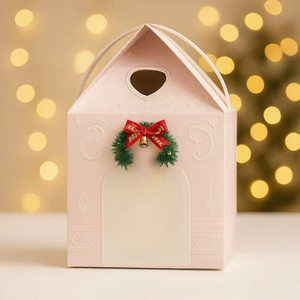 Disponibile Scatola Regalo Natalizia Portatile Creativa a Forma di Casa con Tetto in <span class=keywords><strong>Cartone</strong></span> Goffrato Rosa e Bianco - Product Image 1