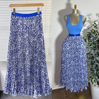 Jupe longue rétro imprimée pour femme, taille haute, motif floral, longueur moyenne, plissée, pour la plage, vente en gros transfrontalière