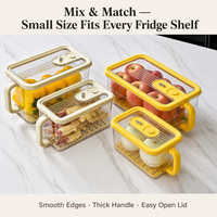 Kleine Kühlschrank-Organizer-Box mit Einhand-Druckluftventil, integriertem Datumsanzeiger, Abtropfbrett, lebensmittelechtem PET, luftdicht, transparent