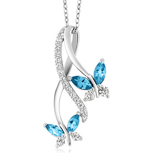 Collana con Pendente in Argento 925 Placcato Rodio per Donna, con Topazio Blu e Accento di Diamanti, Design a Pianta, Romantica per Uso Quotidiano - Product Image 1