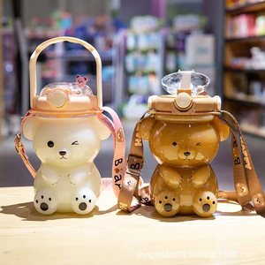 Bear Shaped Plastic Water Bottle With Straw Portable Crossbody For Students Back To School Cartoon Design - Product Image 4