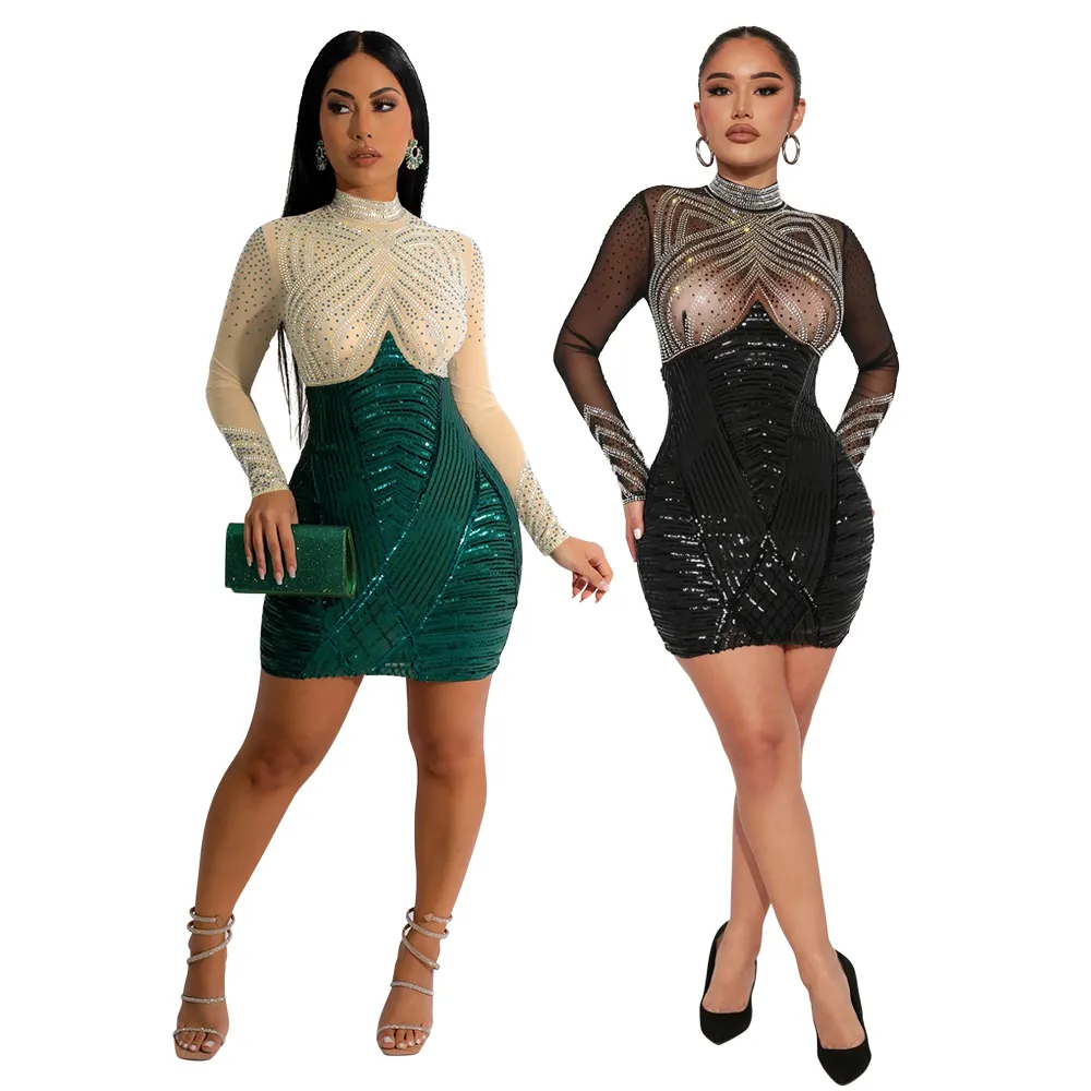 CY900304 Women Dresses Best Selling Mesh Sequin Patchwork Mujer Sexy Vestidos Party Club Dresses Long Sleeve High Waist Clothing