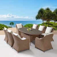 salle à manger marron moderne de 9 pièces en osier, mobilier de jardin extérieur, table en aluminium et rotin, chaises 8 places