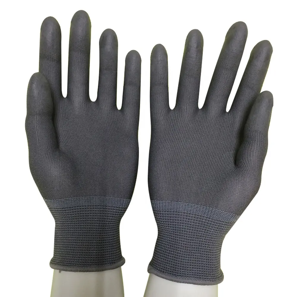 Black Gray PU Fingertip Coating Gloves
