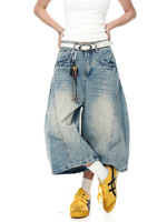Culottes en jean vintage délavé pour femme, taille haute, coupe large, longueur 7/8, style Y2K streetwear, pantalon ballon ample