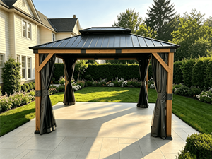 Pergola motorisée réglable en <span class=keywords><strong>bois</strong></span> de cèdre au design moderne, taille personnalisée, double toit, permanente, pour jardin, avec revêtement en poudre - Product Image 1