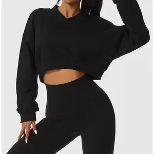 Vente en gros de sweat-shirt de haute qualité pour femmes, poids lourd, col en V, sweats-shirts vierges personnalisés