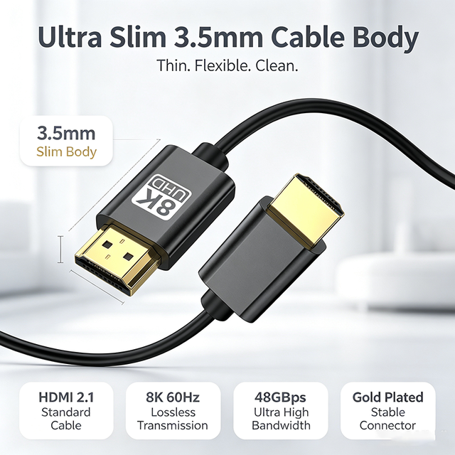 Ultra Slim  2.1 Cable 8K 60Hz 48Gbps Thin 3.5mm Gold Plated Connector Video Audio Cord for Laptop Camera Monitor ProjectorTV