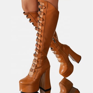 Summer Cut Out Knee High Boots Women's Buckles Platform Chunky Heels <b>Shoes</b> Side Zipper Long Booties 15cm Height <b>Shoe</b> - Product Image 2