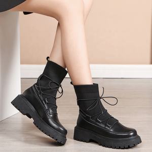 Botines de Cuero Negro de Alta Calidad para Mujer, Primavera/Otoño, con Cordones, Punta Redonda, Suela Gruesa, Cómodos y Transpirables - Product Image 3