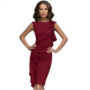 Robe midi élégante sans manches avec volants, ourlet asymétrique, silhouette crayon, col ras du cou, ajustée, couleur unie, pour soirée - Product Image 2