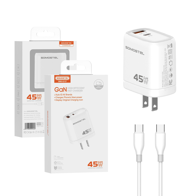 SOMOSTEL 45W GaN Dual Port Charger Q137 USB C Fast Charging Adapter with PD QC3.0 Universal Compatibility for Mobile Devices