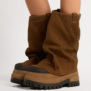 Women Thick Platform Half Knee Boots Fur Overlay Upper Mid-calf <b>Booties</b> Round Toe on Suede Camouflage Flat Shoes - Product Image 6