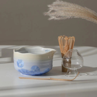 Kit Matcha kaca bunga es gaya Jepang, mangkuk Chawan keramik kristal biru dengan Chasen, pemegang Chasen kaca dan sendok