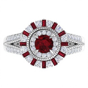 Bague Halo en Argent Sterling 925 Plaqué Rhodium avec Zircon Cubique Rouge Rubis, Tendance, Style Rayon de Soleil, pour Cocktail, Fiançailles, Luxe, Femme - Product Image 1