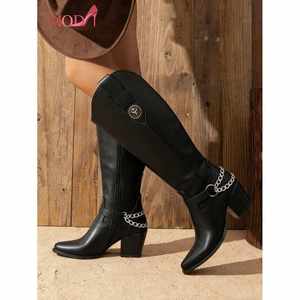 Botas Negras de Mujer hasta la Rodilla con Diseño de Tachuelas, Punta Puntiaguda, Tacón Cuadrado, Material TPU, Tendencia de Moda, Pantorrilla Ancha, para Vacaciones - Product Image 6