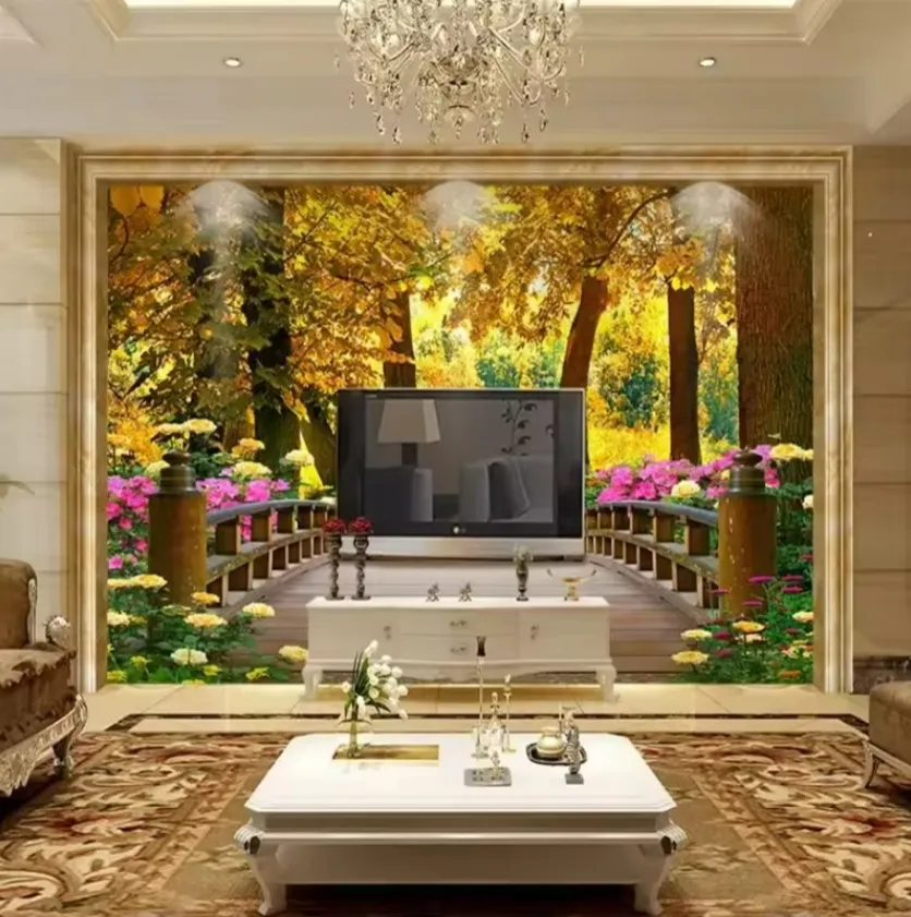 Custom Wallpaper Golden Tree-Lined Trails Flowers 3d Murals Wooden Bridge Landscape Murals Living Room Wallpaper
