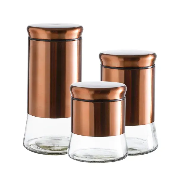 Bocaux de rangement en verre Lot de 3 boîtes avec couvercle et couvercles en acier inoxydable bronze Boîtes rondes en verre Organisation de la cuisine