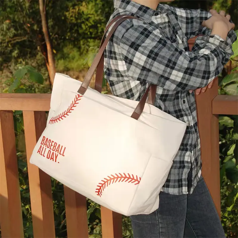 Bolso de mano deportivo de béisbol para todo el día para mujer, bolsa de mano de lona con monograma, bolso de mano para compras de vinilo térmico