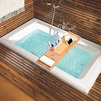 Plateau de baignoire en bambou de luxe avec panneaux latéraux extensibles support intégré pour livre tablette téléphone verre à vin