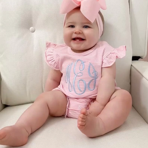 Flutter Sleeve pink Striped Cotton Newborn Baby Rompers Monogrammed Toddler Girl Summer Sunsuit Infant Baby <strong>Coming</strong> <strong>Home</strong> <strong>Outfit</strong> - Product Image 1