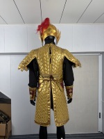 Ensemble de Costume d'Armure Dorée Rayée de Général Chinois Ancien avec Casque de Guerrier à Plumes Rouges pour Reconstitutions Historiques et Spectacles Scéniques
