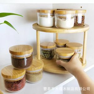 Étagère à épices double couche en bambou, organisateur de rangement de cuisine rond en bois massif, conteneur à épices à 2 niveaux, organisation de bureau - Product Image 3
