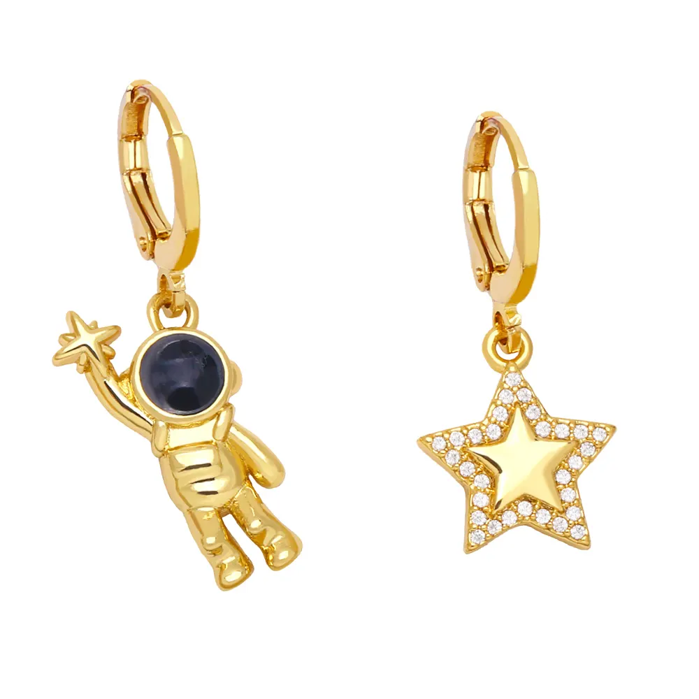 Brincos de gancho assimétricos, brincos femininos com design exclusivo de estrelas e douradas, brinco de gancho de zircônia fofo para meninos e meninas