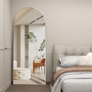 Grande specchio da pavimento ad arco a tutta lunghezza contro il muro per vestirsi da camera da letto e specchio con cornice in oro sottile a parete - Product Image 4
