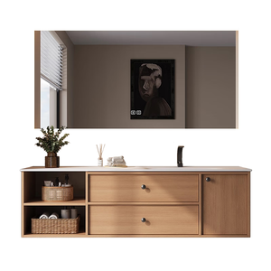 Mueble de baño inteligente de color madera natural con lavabo integrado de losa de roca curvada en caliente, personalizado. - Product Image 1