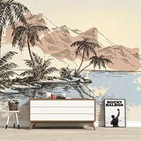 Murale murale Art Déco tropicale côtière, motif palmier de coco et vue sur la montagne et la mer dessinée à la main, impression par transfert thermique, imperméable, sur mesure