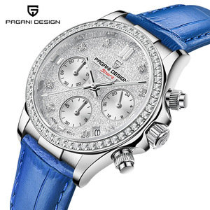 Montre Pagani Design pour femme, cadran diamanté, chronographe, calendrier, acier inoxydable, bracelet en cuir bleu, étanche 100 m - Product Image 1