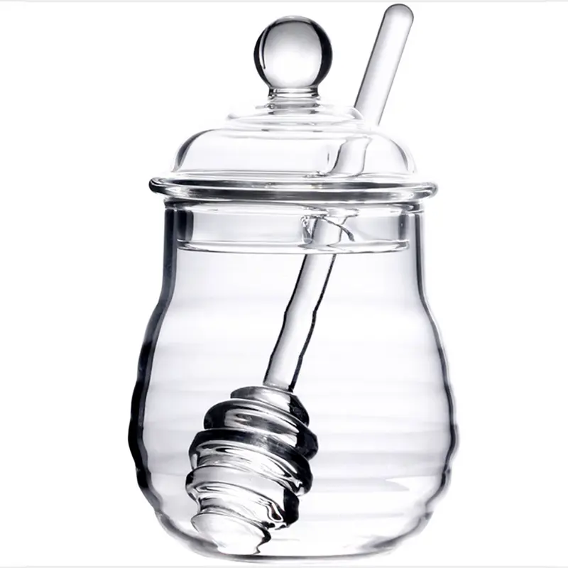 clear borosilicate glass honey jar pot with dipper and dustproof lid