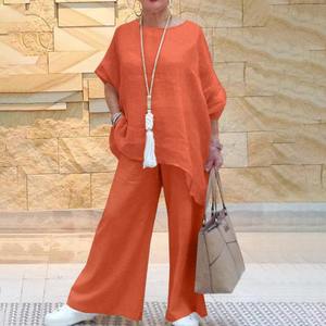 Nouvelle tenue pour femmes en coton et <span class=keywords><strong>lin</strong></span>, mode décontractée, <span class=keywords><strong>grande</strong></span> <span class=keywords><strong>taille</strong></span>, asymétrique, manches longues, <span class=keywords><strong>pantalon</strong></span> large, deux pièces - Product Image 2