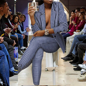 Traje de Blazer Corto Informal de Verano para Mujer, Estilo Oficina, Estampado de Pata de Gallo, Cuello en V, Conjunto de 2 Piezas, Decoración de Botones, 100% Nailon - Product Image 3