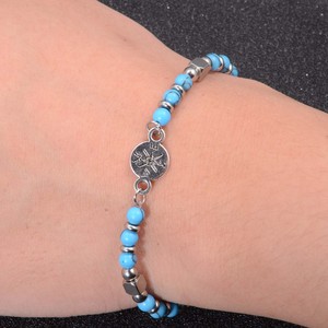 Turquoise Stainless Steel <b>Beaded</b> <b>Bracelet</b> With Compass Charm Adjustable Graduation Gift Jewelry - Product Image 3